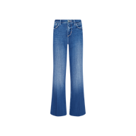 Petite Scottie Wide-Leg Jean in blue denim featuring a high-rise fit, button and zip closure, five-pocket design, and light fading on the thighs. Shown against a plain white background.
