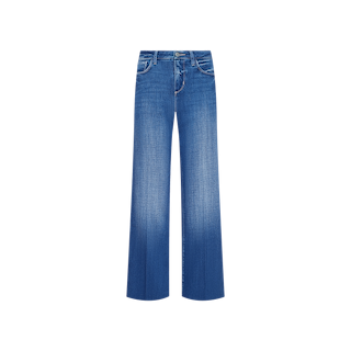 Petite Scottie Wide-Leg Jean in indigo wash, featuring a high-waisted wide-leg silhouette with front and back pockets, button and zipper closure, and subtle thigh fading, displayed against a plain white background.
