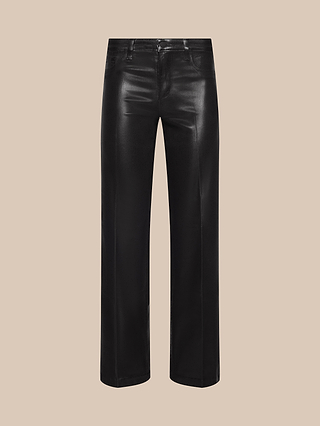Petite Scottie Coated Jean from the Les Petites Collection, featuring black faux leather, a high rise, and a straight-leg cut, shown front-facing on a plain beige background.