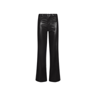 Petite Scottie Coated Jean in black displayed on a white background, featuring a high-rise waist, front zipper, belt loops, and a smooth, shiny coated denim finish in a straight-leg silhouette.