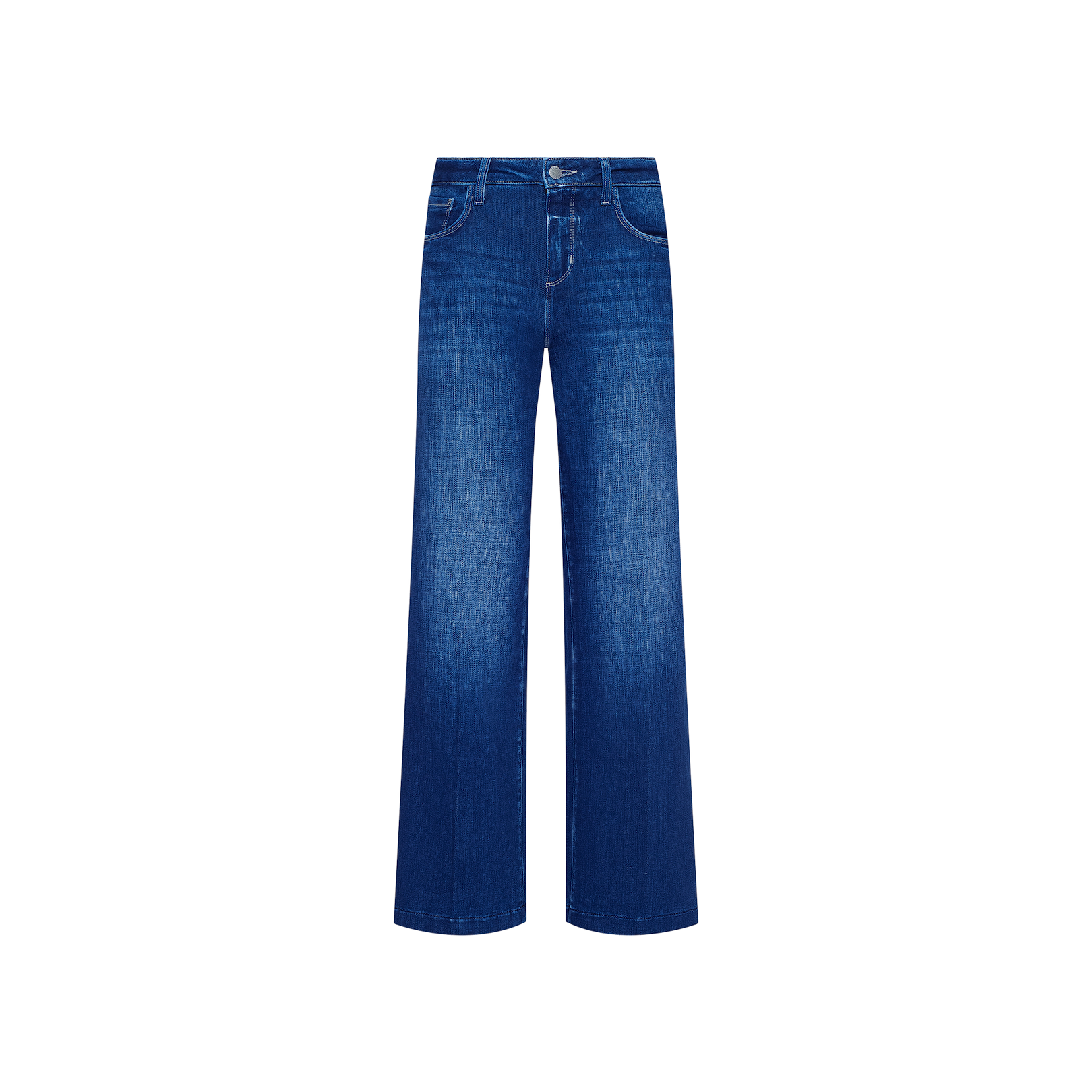 Petite Scottie Wide-Leg Jean in dark indigo, featuring a mid-rise waist, front button and zipper closure, and classic five-pocket styling, displayed on a plain white background.