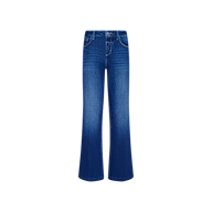 The Petite Scottie Wide-Leg Jean features a high-rise fit in stretch denim, complete with front and back pockets, a button and zip closure, and subtle thigh fading. Shown here in blue on a plain white background.