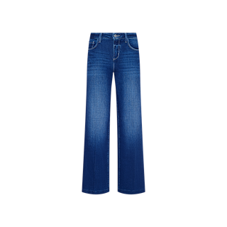 Petite Scottie Wide-Leg Jean in dark indigo, featuring a mid-rise waist, front button and zipper closure, and classic five-pocket styling, displayed on a plain white background.