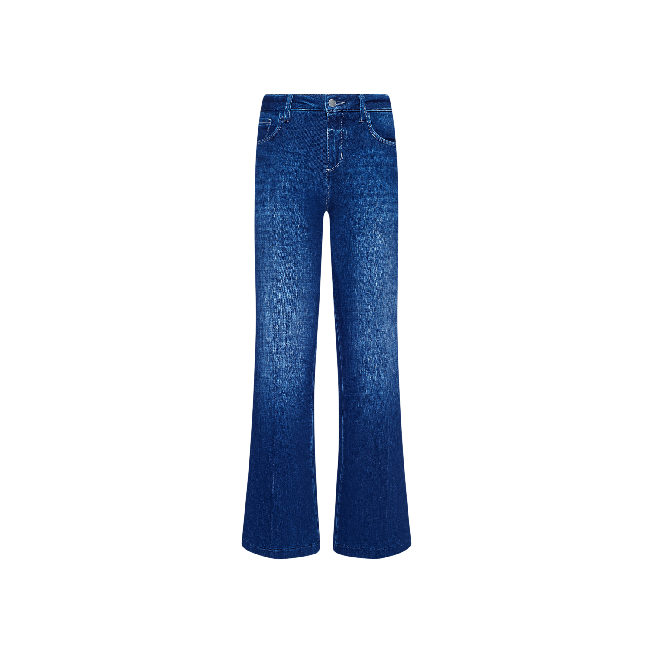 The Petite Scottie Wide-Leg Jean features a high-rise fit in stretch denim, complete with front and back pockets, a button and zip closure, and subtle thigh fading. Shown here in blue on a plain white background.