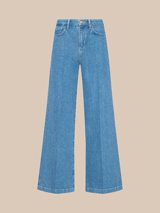 The Petite Quincy Wide-Leg Jean from the Les Petites Collection in blue, crafted from featherweight denim with a high waist and front button closure, is displayed against a plain beige background.
