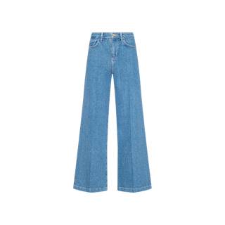 The Petite Quincy Wide-Leg Jean is showcased against a plain white background, featuring a light blue wash, high rise fit, classic five-pocket design, and long flared legs—ideal for anyone seeking stylish petite denim.