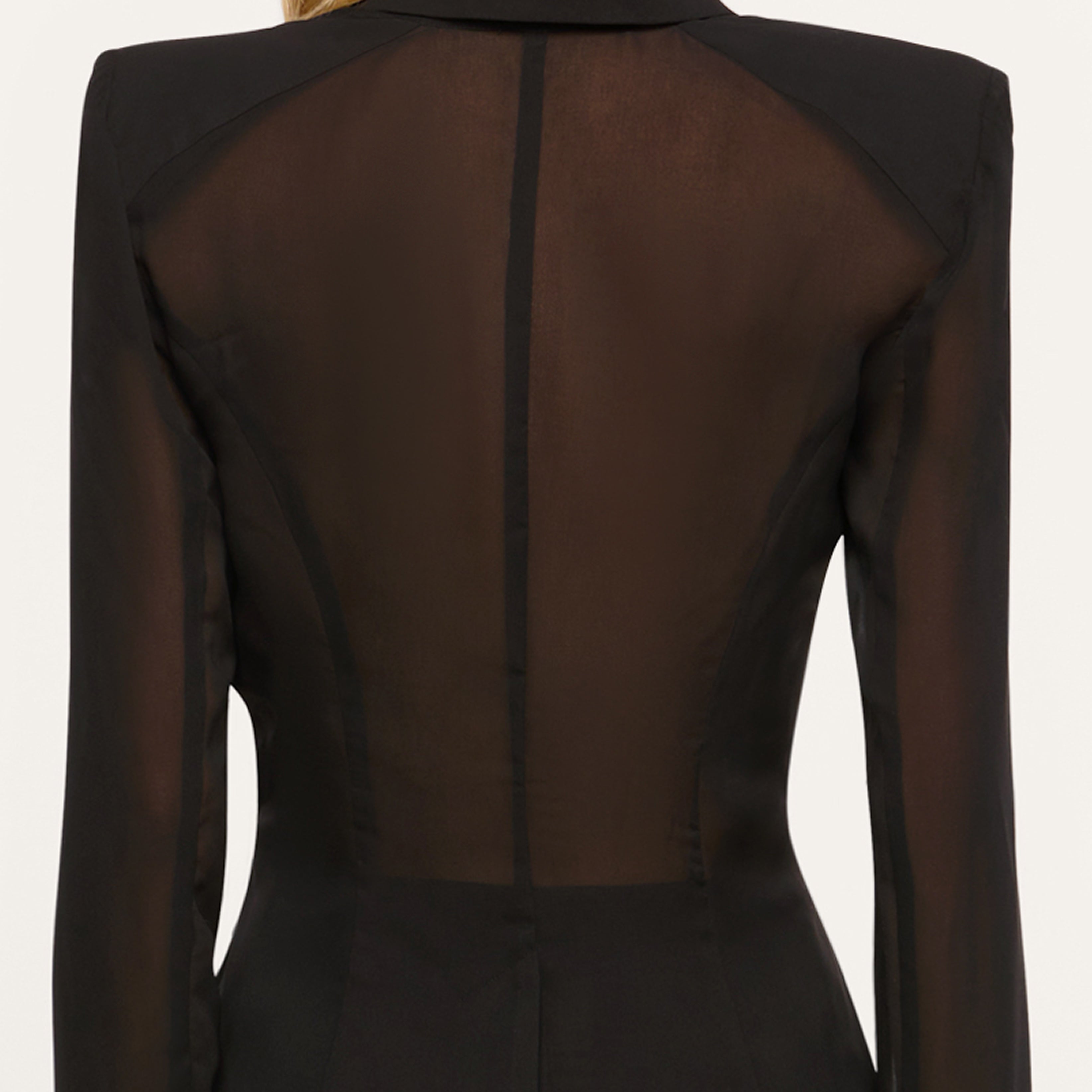 Back view of a black blazer featuring sheer paneling across the upper back and sleeves.