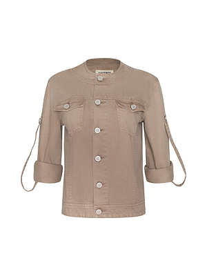 The Anouk Jean Jacket is a light brown, collarless, relaxed-fit piece with long sleeves that roll and button at the elbows, a front button closure, two chest flap pockets, and a round neckline.