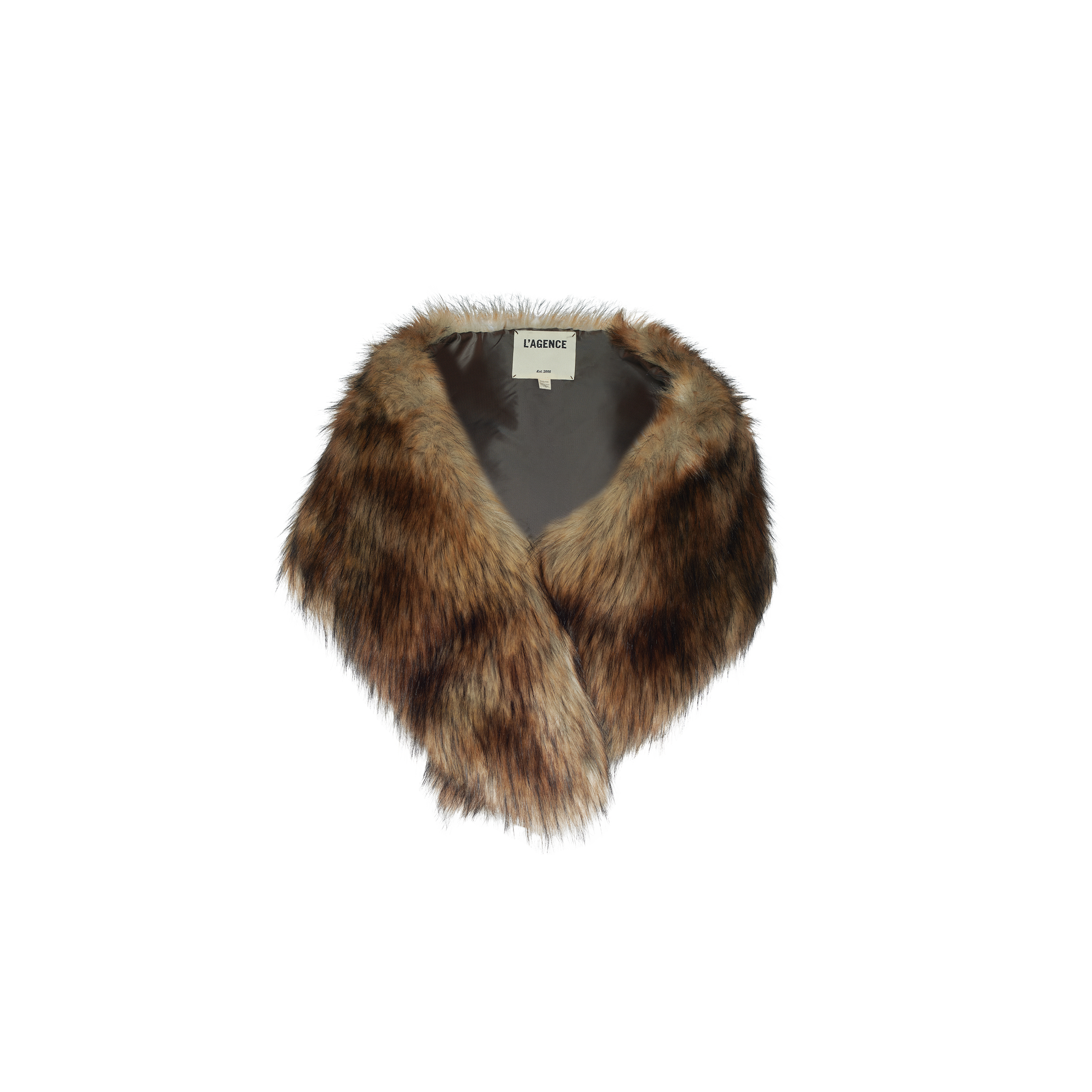 The Hazel Faux Fur Stole showcases rich shades of brown and black with a soft, fluffy texture, complemented by a gray satin inner lining. A white label with black text is visible inside the collar, making this accessory a statement piece that adds plush glamour to any outfit.