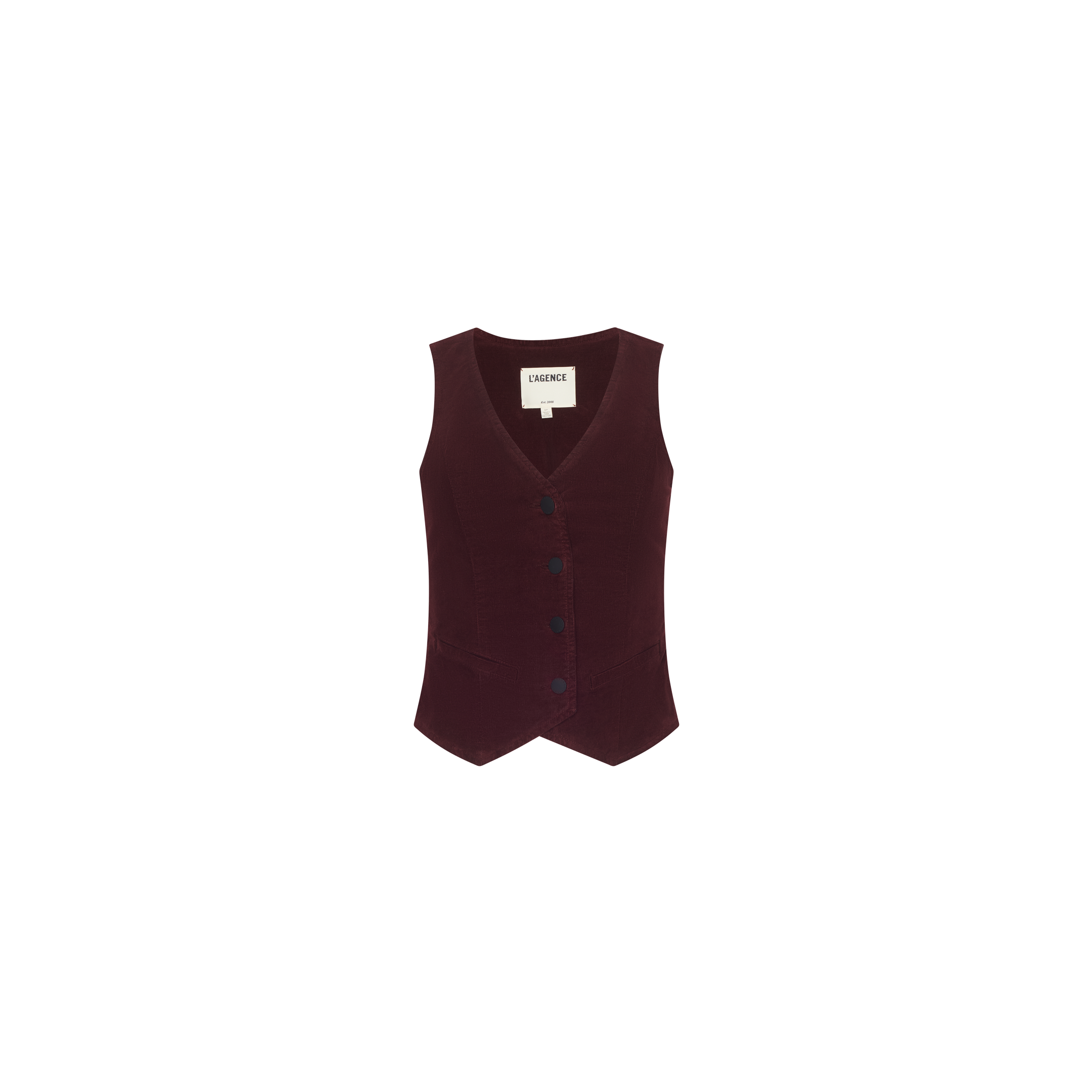 Yelena Corduroy Vest in burgundy, featuring a tailored fit, V-neck, button-front closure, and two small welt pockets.