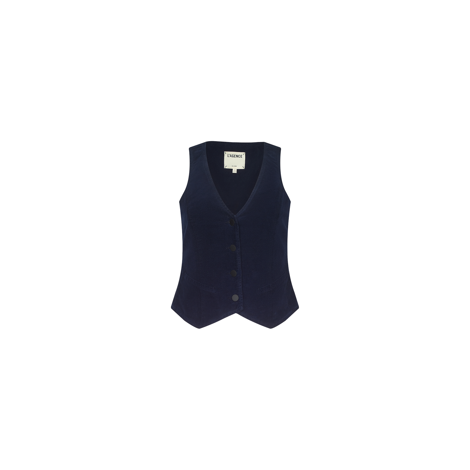 Introducing the Yelena Vest: a navy blue, sleeveless corduroy vest featuring a V-neckline, tailored fit, and an interior collar label. Crafted from stretch corduroy for enhanced comfort and style, it is shown against a plain white background.