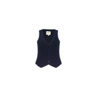 Introducing the Yelena Vest: a navy blue, sleeveless corduroy vest featuring a V-neckline, tailored fit, and an interior collar label. Crafted from stretch corduroy for enhanced comfort and style, it is shown against a plain white background.