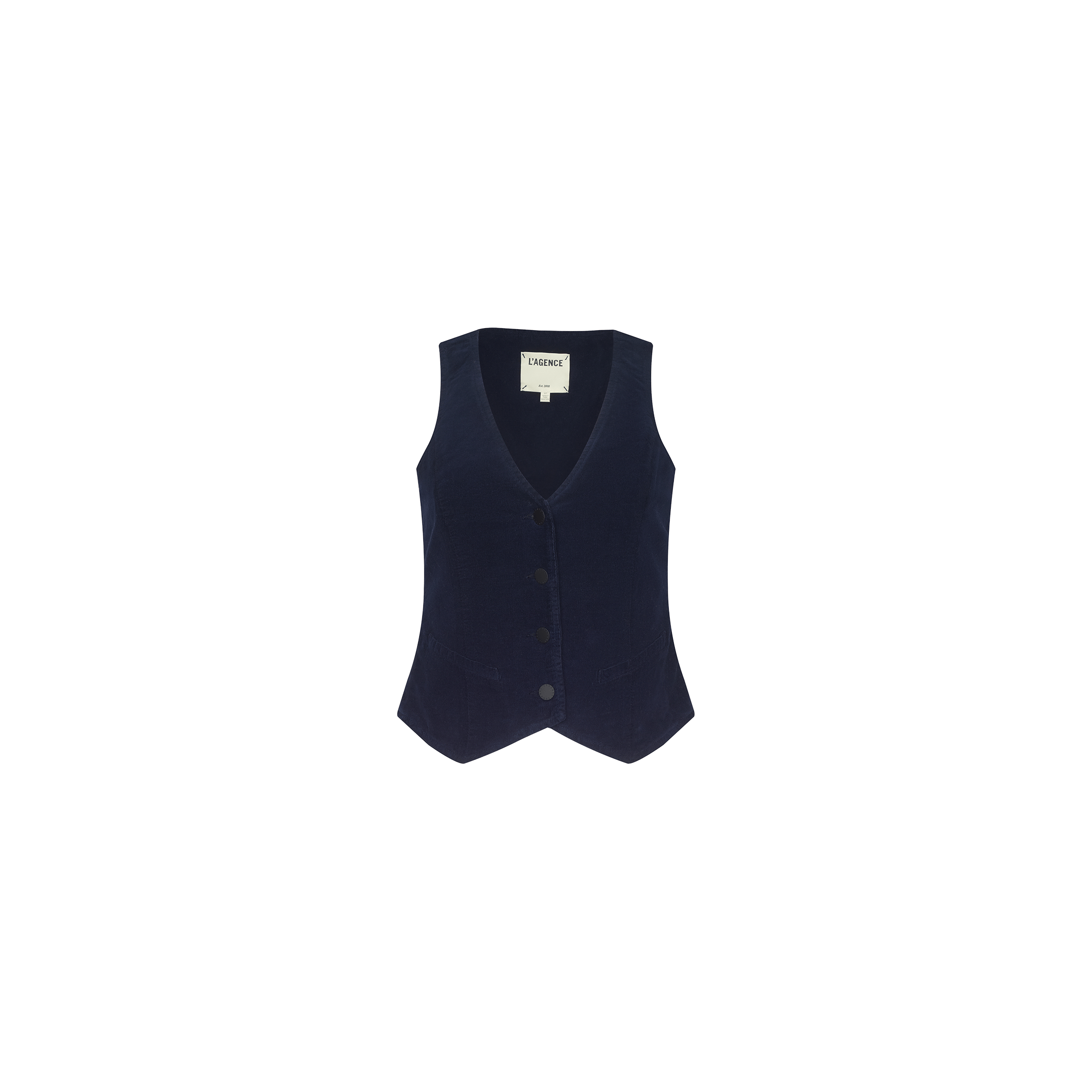 Introducing the Yelena Vest: a navy blue, sleeveless corduroy vest featuring a V-neckline, tailored fit, and an interior collar label. Crafted from stretch corduroy for enhanced comfort and style, it is shown against a plain white background.