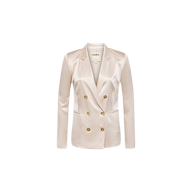 The Colin Silk Blazer is a cream-colored, double-breasted blazer made from luxurious silk charmeuse, showcasing long sleeves, gold buttons, and a notched collar against a plain white background.