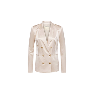 The Colin Silk Blazer, crafted from cream-colored satin silk charmeuse in a double-breasted silhouette and adorned with elegant gold buttons, is displayed on a plain white background.