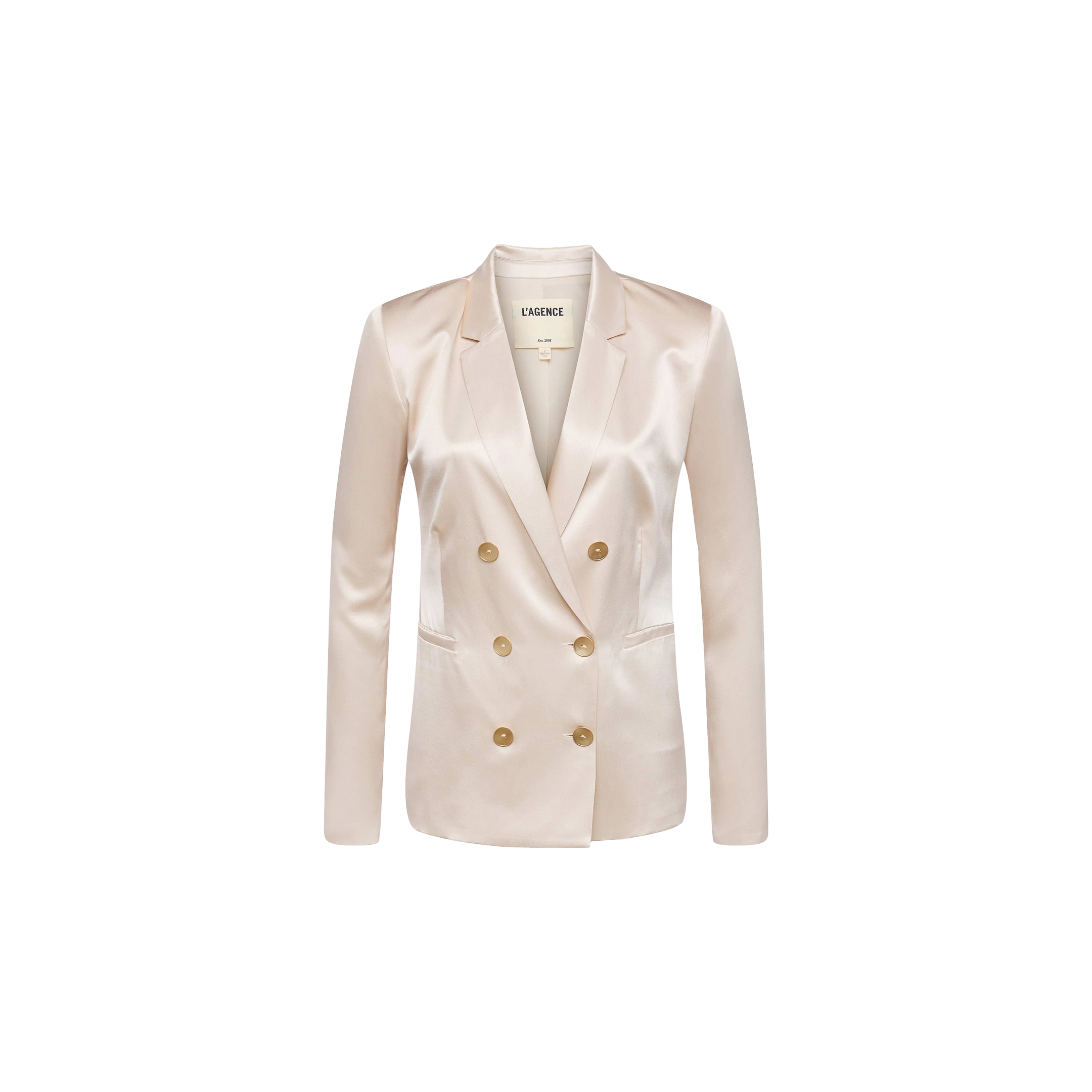 The Colin Silk Blazer is a cream-colored, double-breasted blazer made from luxurious silk charmeuse, showcasing long sleeves, gold buttons, and a notched collar against a plain white background.