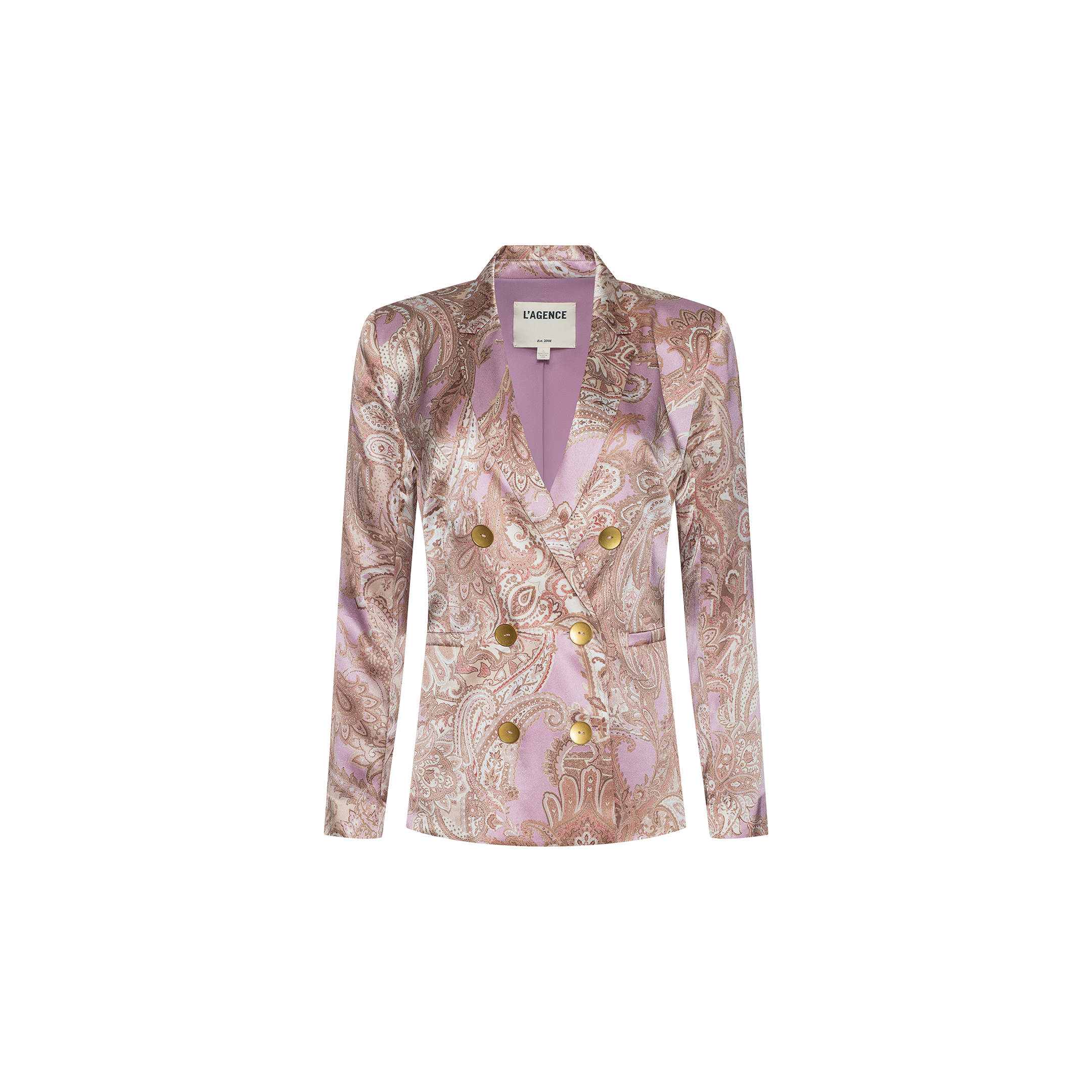 The Colin Silk Blazer is a women’s double-breasted blazer with gold buttons, crafted from silk charmeuse and featuring a pink and gold paisley print, displayed against a white background.