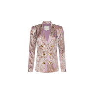 The Colin Silk Blazer is a women’s double-breasted blazer with gold buttons, crafted from silk charmeuse and featuring a pink and gold paisley print, displayed against a white background.