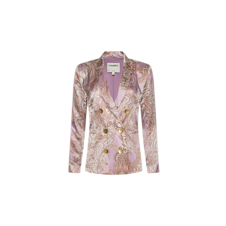 The Colin Silk Blazer for women features a paisley print in pink and gold on luxurious silk charmeuse, designed with a double-breasted front, six gold buttons, and a notched collar, displayed against a plain white background.