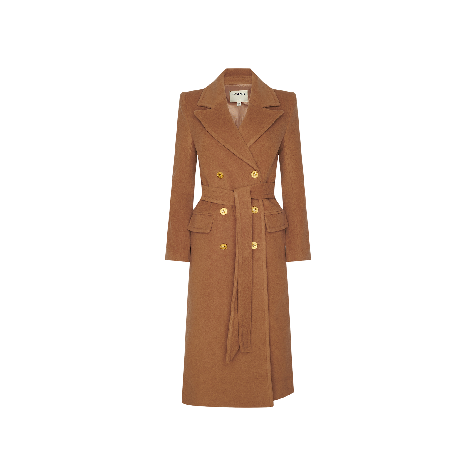 The Kolina Long Coat, crafted from Italian wool in a rich cognac brown, features a double-breasted design with gold buttons, wide lapels, front pockets, and a matching belt, showcased against a white background.