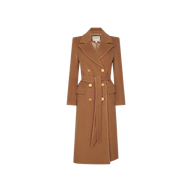 The Kolina Long Coat, crafted from Italian wool in a rich cognac brown, features a double-breasted design with gold buttons, wide lapels, front pockets, and a matching belt, showcased against a white background.