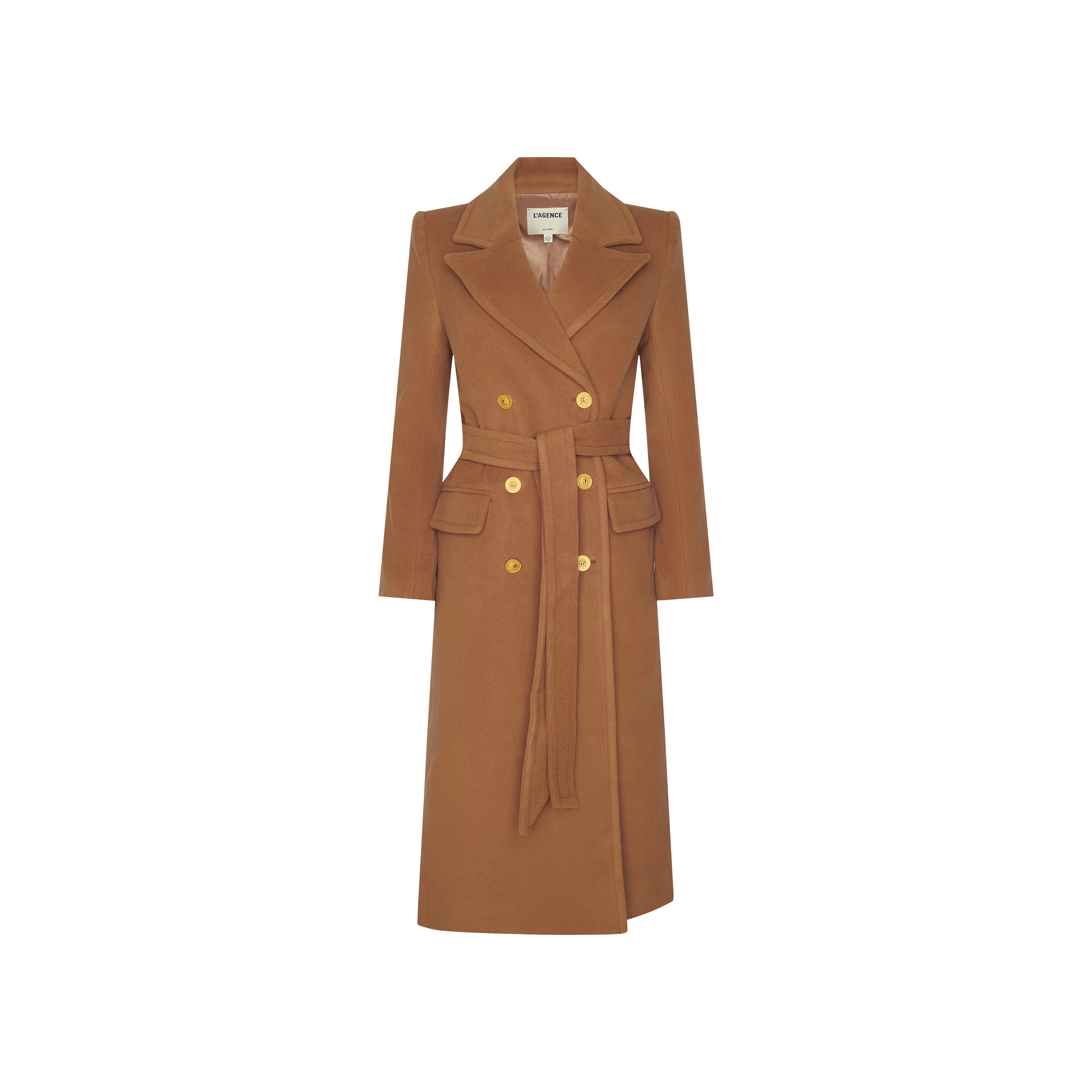The Kolina Long Coat, crafted from Italian wool in a rich cognac brown, features a double-breasted design with gold buttons, wide lapels, front pockets, and a matching belt, showcased against a white background.