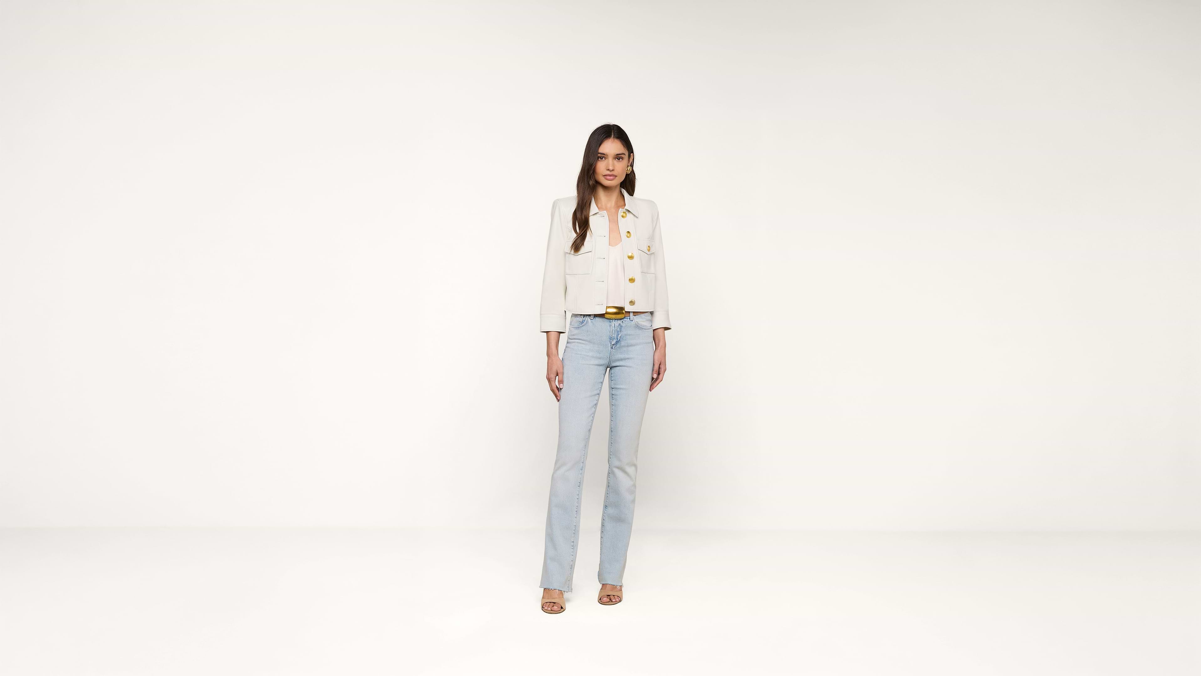 Kumi Cropped Leather Jacket in Ivory | L'AGENCE