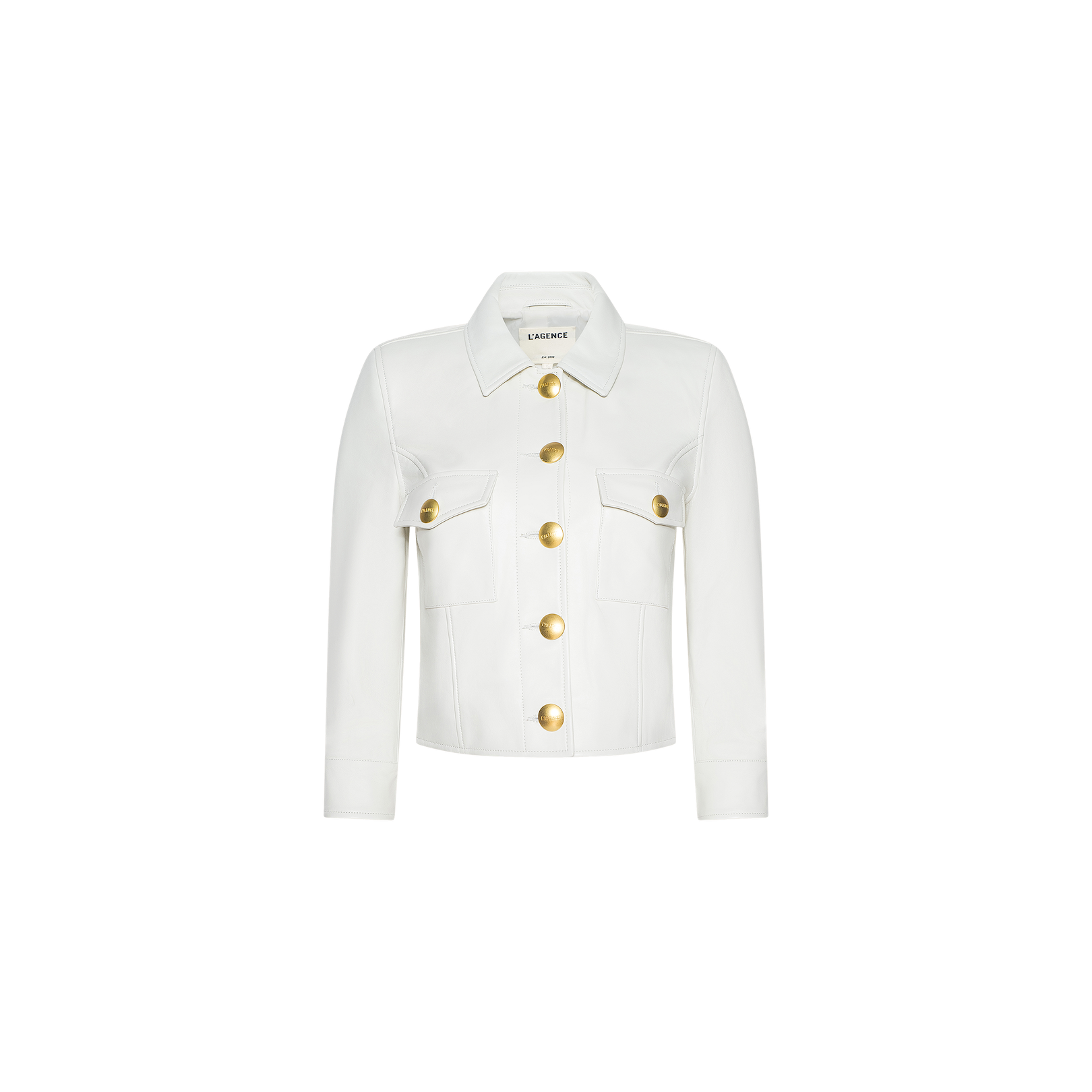 The Kumi Cropped Leather Jacket, crafted in white leather, features a collar, four gold buttons down the front, and two chest pockets. It is displayed on a plain white background.
