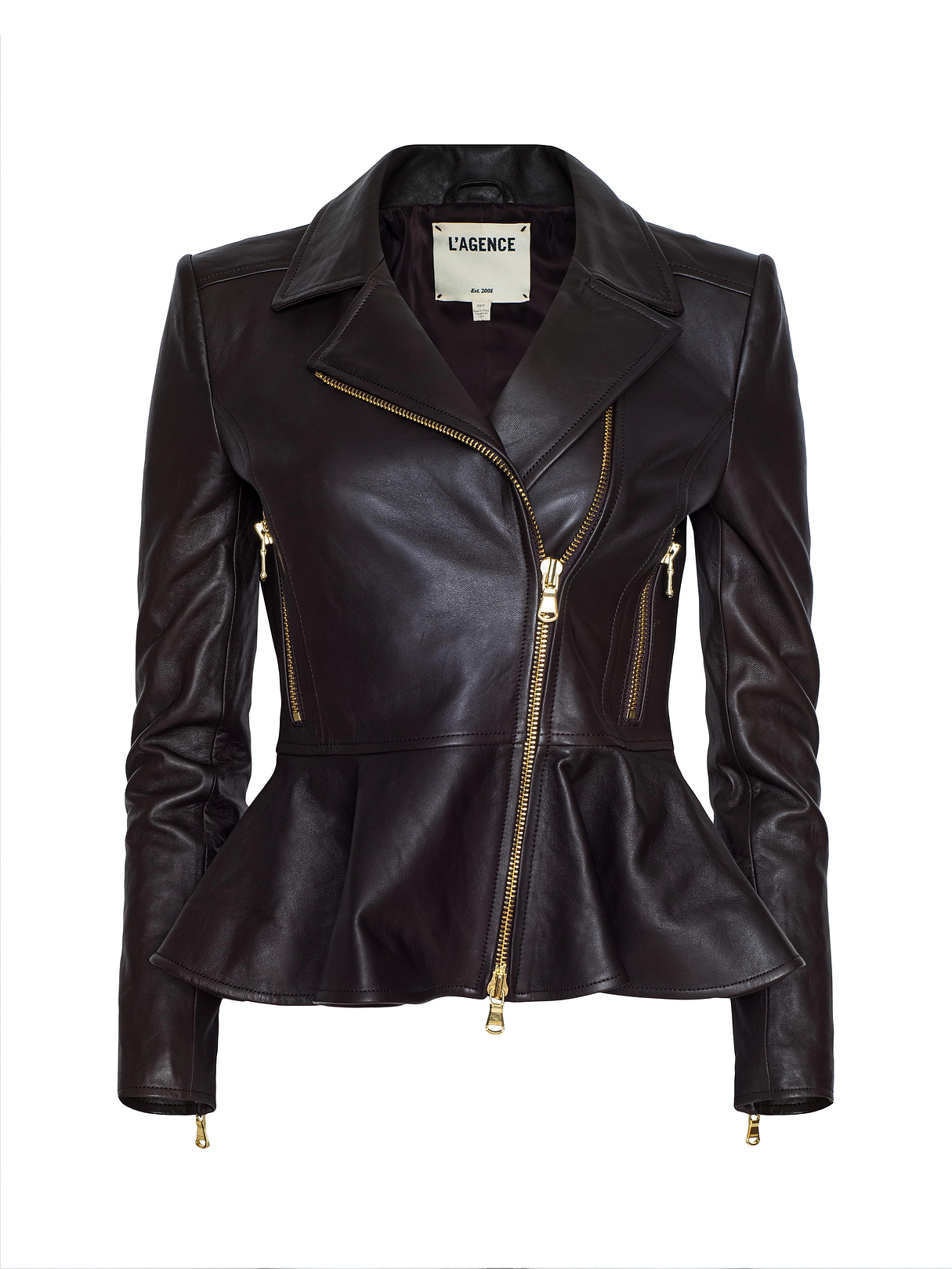 Lyric Leather Peplum Jacket in Chocolate | L'AGENCE