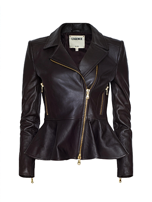 The Lyric Leather Peplum Jacket by L'AGENCE, featuring black lambskin, moto details, gold zippers, tailored fit, peplum waist, and wide lapels, is shown on a white background. The interior label reads L'AGENCE.