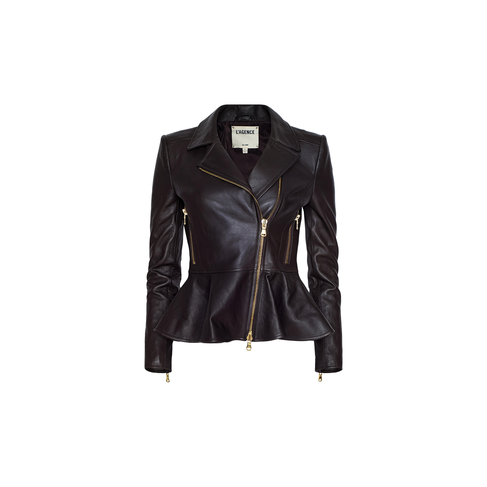The Lyric Leather Peplum Jacket is a feminine biker jacket crafted from black lambskin leather, featuring gold zippers, a fitted waist, and a chic peplum hem, shown against a plain white background.