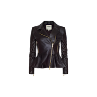 The Lyric Leather Peplum Jacket is a feminine biker jacket crafted from black lambskin leather, featuring gold zippers, a fitted waist, and a chic peplum hem, shown against a plain white background.
