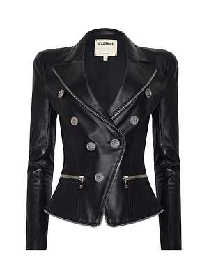 The Ottilie Leather Blazer by L’AGENCE is a black fitted Italian lambskin blazer with silver zippers, double-breasted front, lapel collar, long sleeves, zippered pockets, and an inside L’AGENCE label—perfect for power dressing.