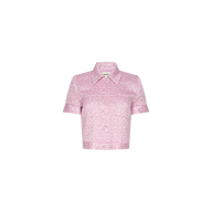 The Chita Tweed Jacket is a light pink, short-sleeve, collared cropped jacket made from textured tweed fabric with front buttons, showcased against a plain white background.