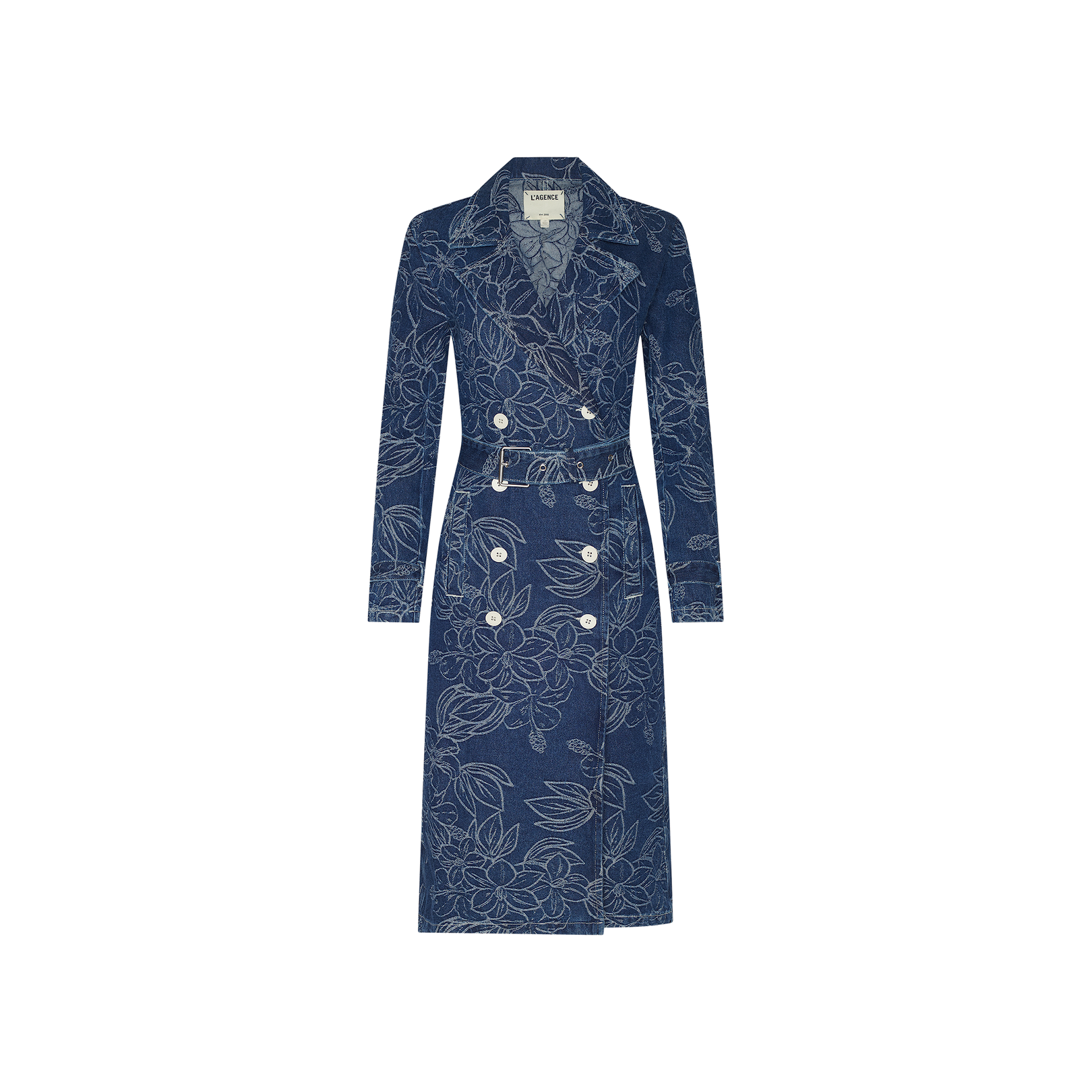 The Bradley Trench Coat is a long-sleeve, double-breasted blue denim trench coat featuring a striking floral jacquard pattern, white buttons, and a matching belt, displayed on a plain white background.