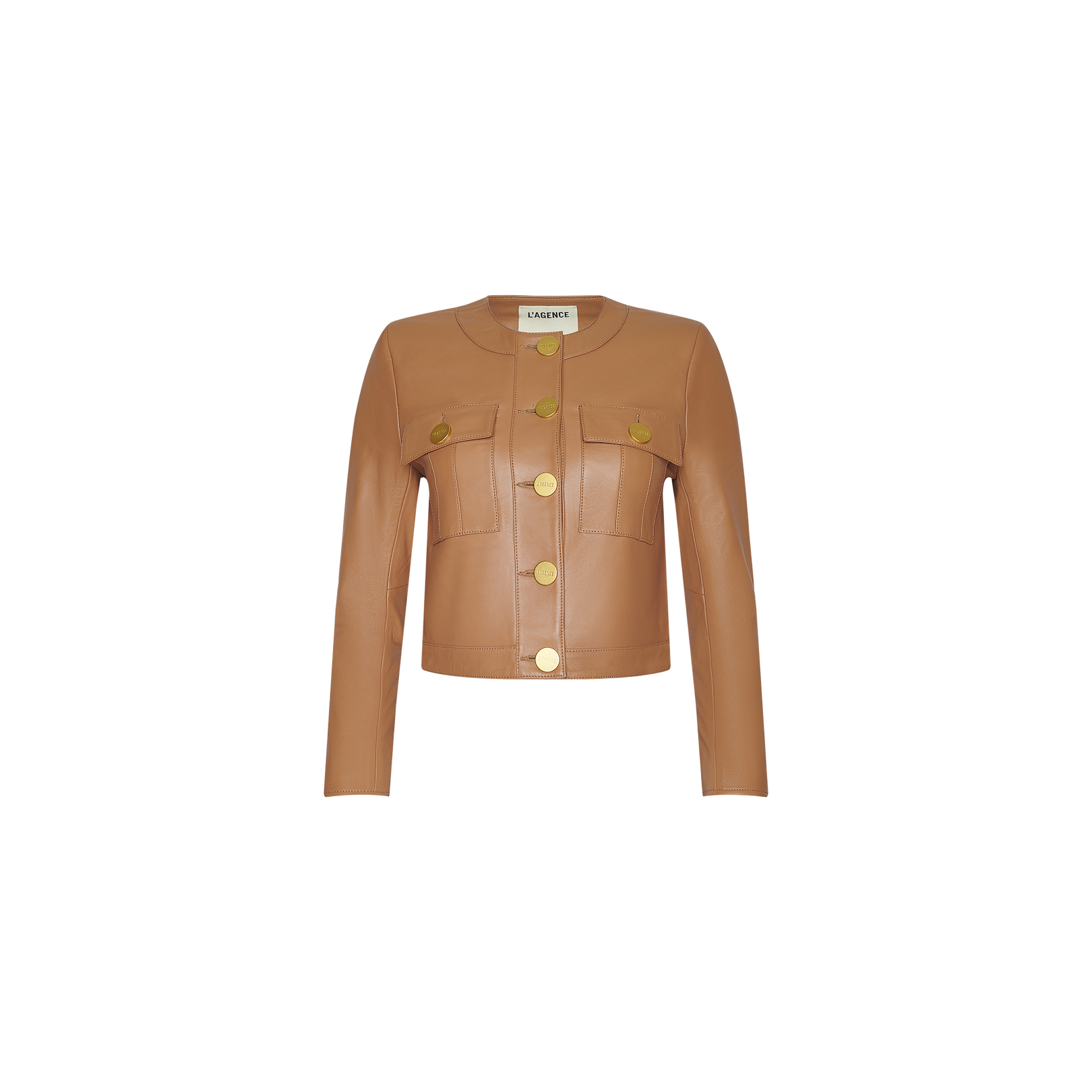 The Deidra Cropped Leather Jacket, featuring a cognac leather finish, long sleeves, gold buttons, and two front pockets, is displayed on a plain white background.