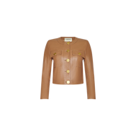 The Deidra Cropped Leather Jacket, featuring a cognac leather finish, long sleeves, gold buttons, and two front pockets, is displayed on a plain white background.
