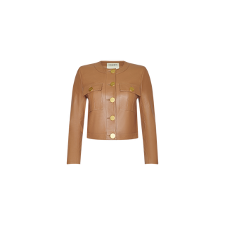 The Deidra Cropped Leather Jacket, featuring a cognac leather finish, long sleeves, gold buttons, and two front pockets, is displayed on a plain white background.