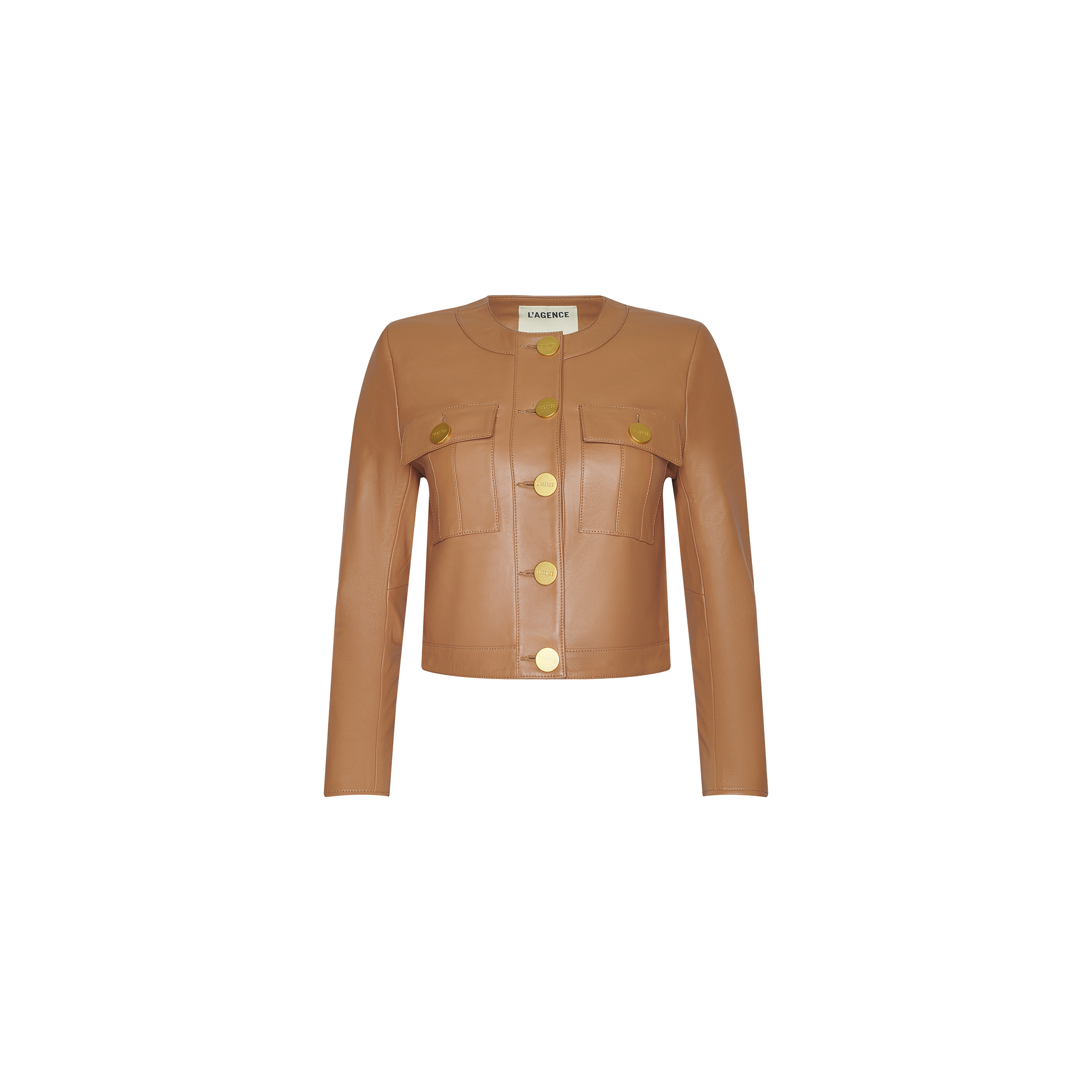 The Deidra Cropped Leather Jacket, featuring a cognac leather finish, long sleeves, gold buttons, and two front pockets, is displayed on a plain white background.