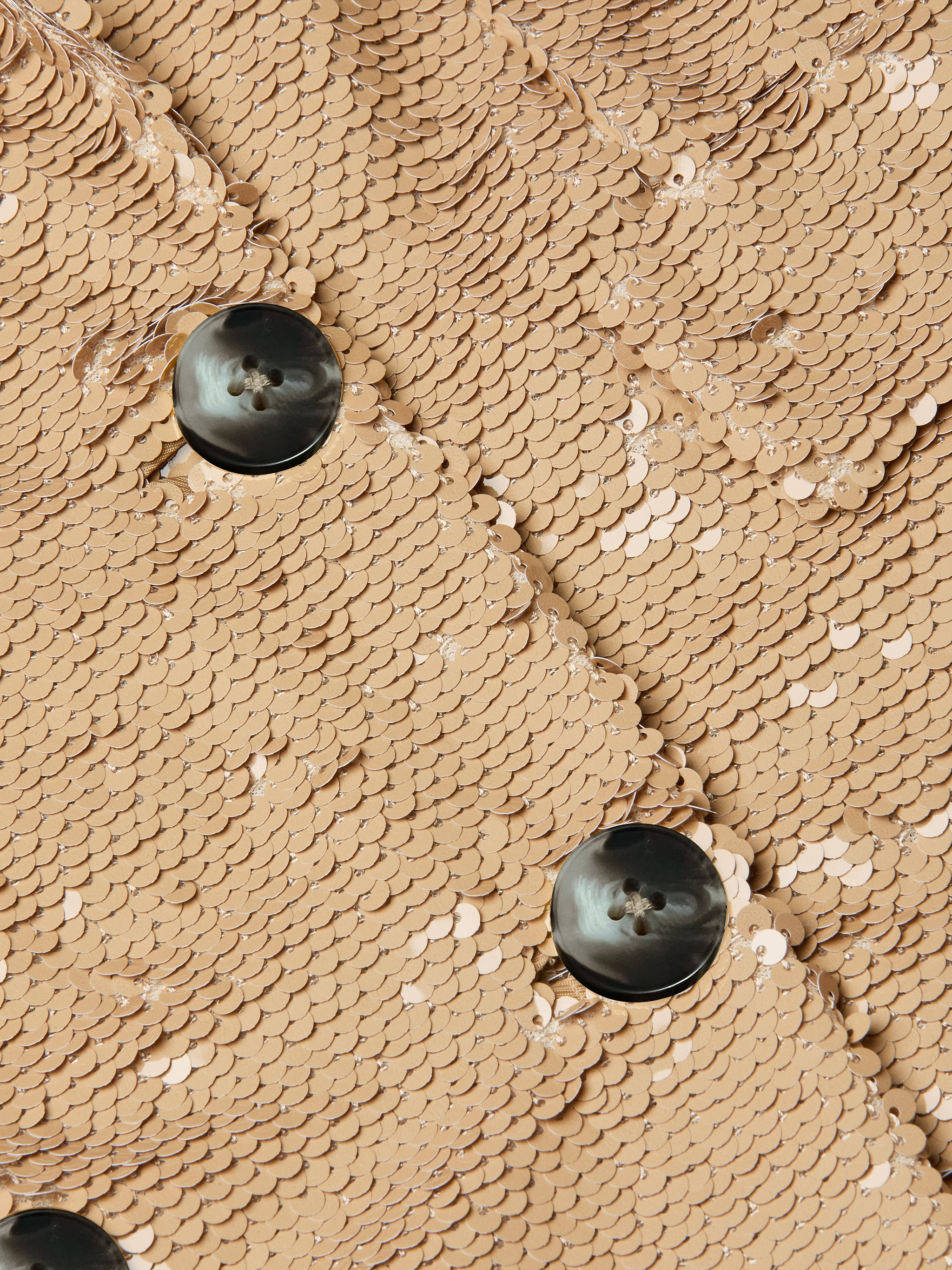 Close-up of two black buttons sewn onto beige fabric adorned with shiny sequins, creating a textured and reflective surface—a detail from the Cambrie Oversized Sequin Blazer that embodies the statement blazer trend for Spring 2026 fashion.