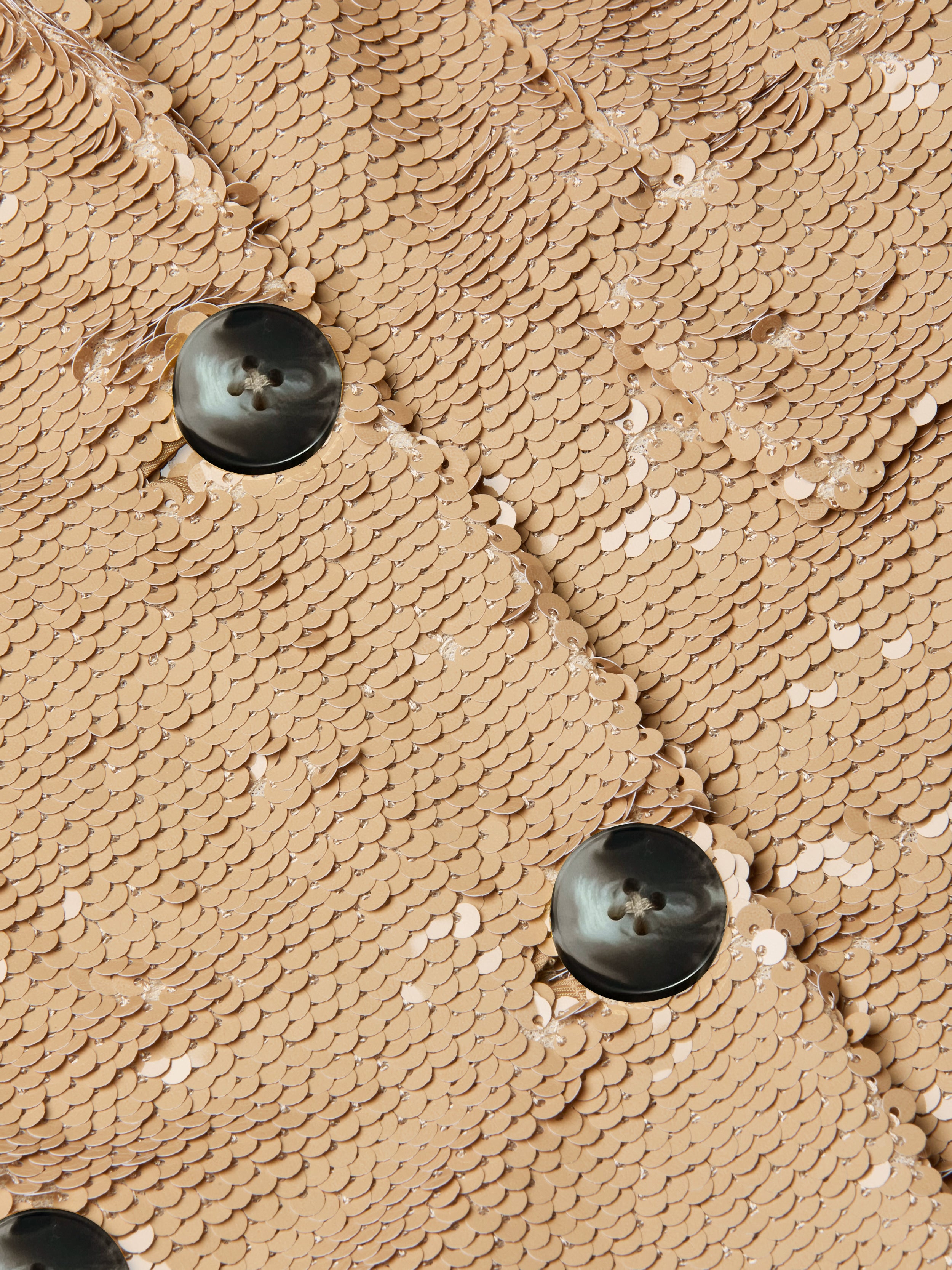 Close-up of two black buttons sewn onto beige fabric adorned with shiny sequins, creating a textured and reflective surface—a detail from the Cambrie Oversized Sequin Blazer that embodies the statement blazer trend for Spring 2026 fashion.