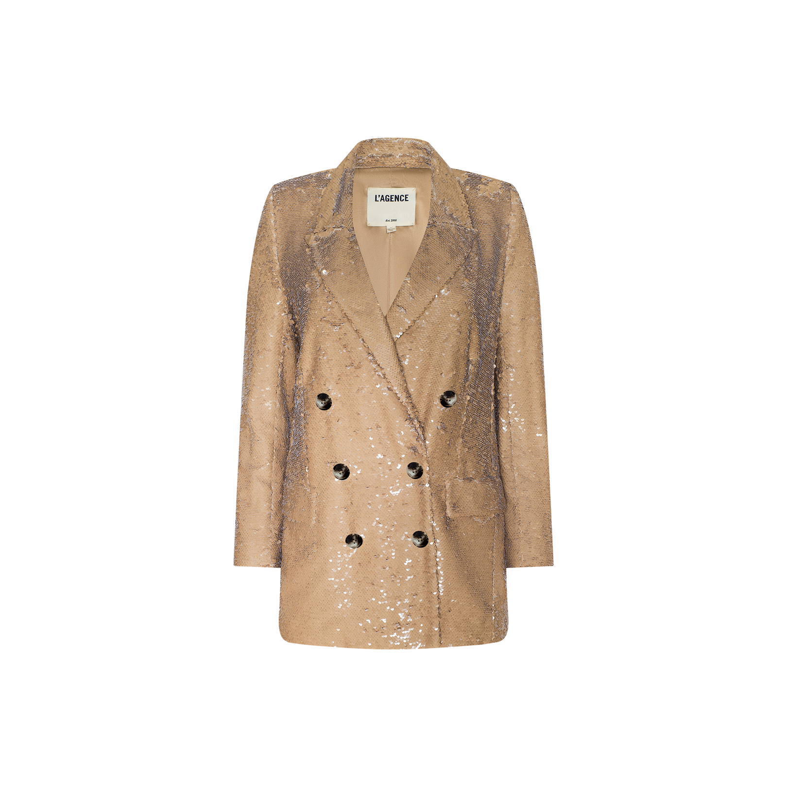 The Cambrie Oversized Sequin Blazer features a tan double-breasted design with six black buttons, two front pockets, and a notched lapel collar—an eye-catching statement jacket in shimmering sequins, photographed against a plain white background and perfect for elevating any ensemble.