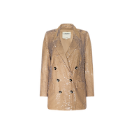 Introducing the Cambrie Oversized Sequin Blazer, a statement piece for Spring 2026 fashion. This double-breasted blazer dazzles in gold sequins with striking black buttons, two front pockets, and a notched collar, beautifully showcased against a plain white background.