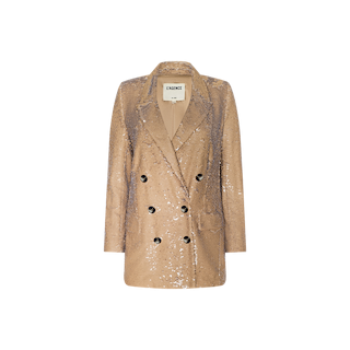 The Cambrie Oversized Sequin Blazer features a tan double-breasted design with six black buttons, two front pockets, and a notched lapel collar—an eye-catching statement jacket in shimmering sequins, photographed against a plain white background and perfect for elevating any ensemble.