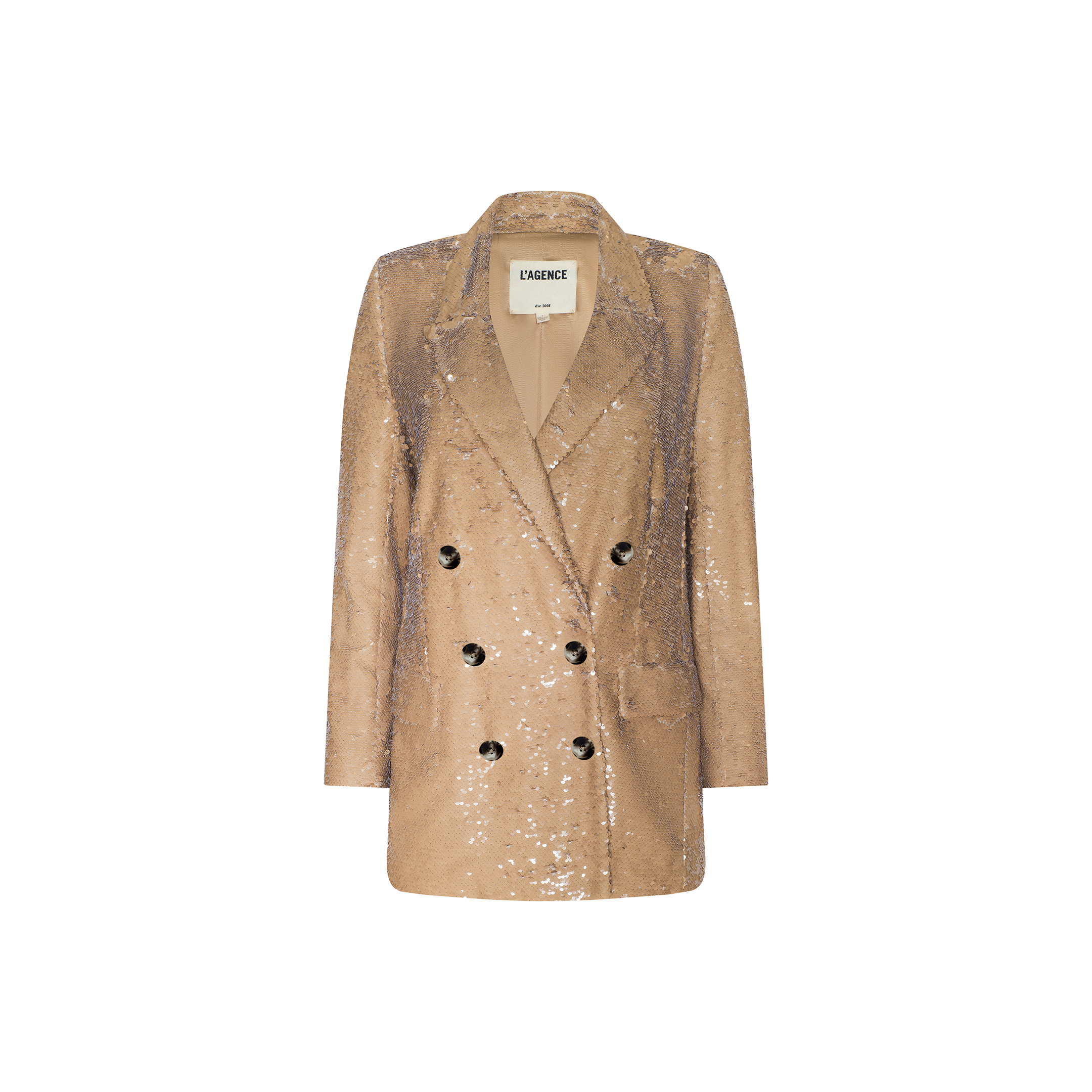 Introducing the Cambrie Oversized Sequin Blazer, a statement piece for Spring 2026 fashion. This double-breasted blazer dazzles in gold sequins with striking black buttons, two front pockets, and a notched collar, beautifully showcased against a plain white background.
