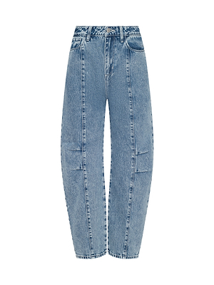 The Reba Rodeo Jean is a pair of high-rise, light-wash blue jeans made from 100 cotton denim, featuring front seam detailing and straight, slightly tapered legs, shown against a white background.