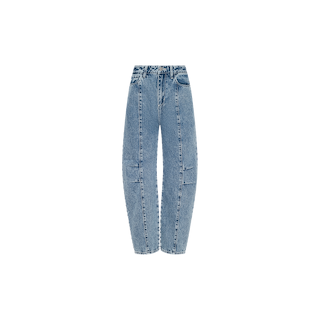 The Reba Rodeo Jean is a pair of light blue, high-waisted jeans made from all-cotton denim, featuring a relaxed, straight-leg fit with visible front seams, practical pockets, belt loops, and a button closure—shown against a plain white background.