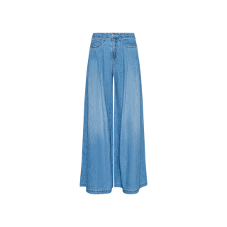 The Dariela Wide-Leg Jean is crafted from featherweight denim in a light blue wash, featuring an ultra wide-leg silhouette, high rise, front button and zipper closure, and classic five-pocket styling, displayed on a white background.
