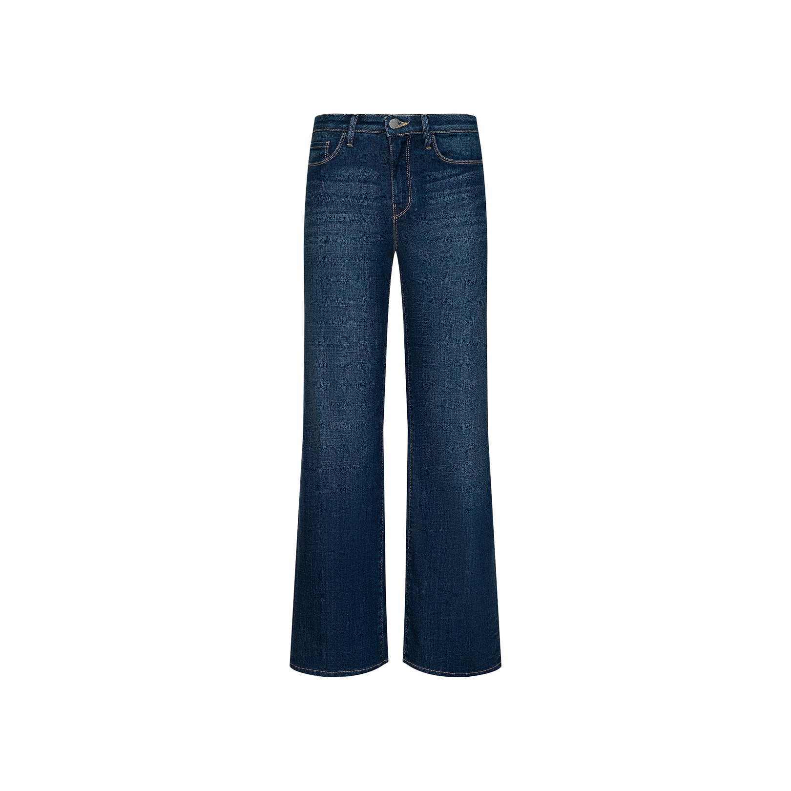 The Rosalyn Wide-Leg Jean is a pair of dark blue, high-rise, wide-leg jeans crafted from soft stretch denim with front and back pockets, displayed on a plain white background.
