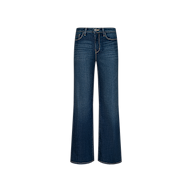 The Rosalyn Wide-Leg Jean is a pair of dark blue, high-rise, wide-leg jeans crafted from soft stretch denim with front and back pockets, displayed on a plain white background.